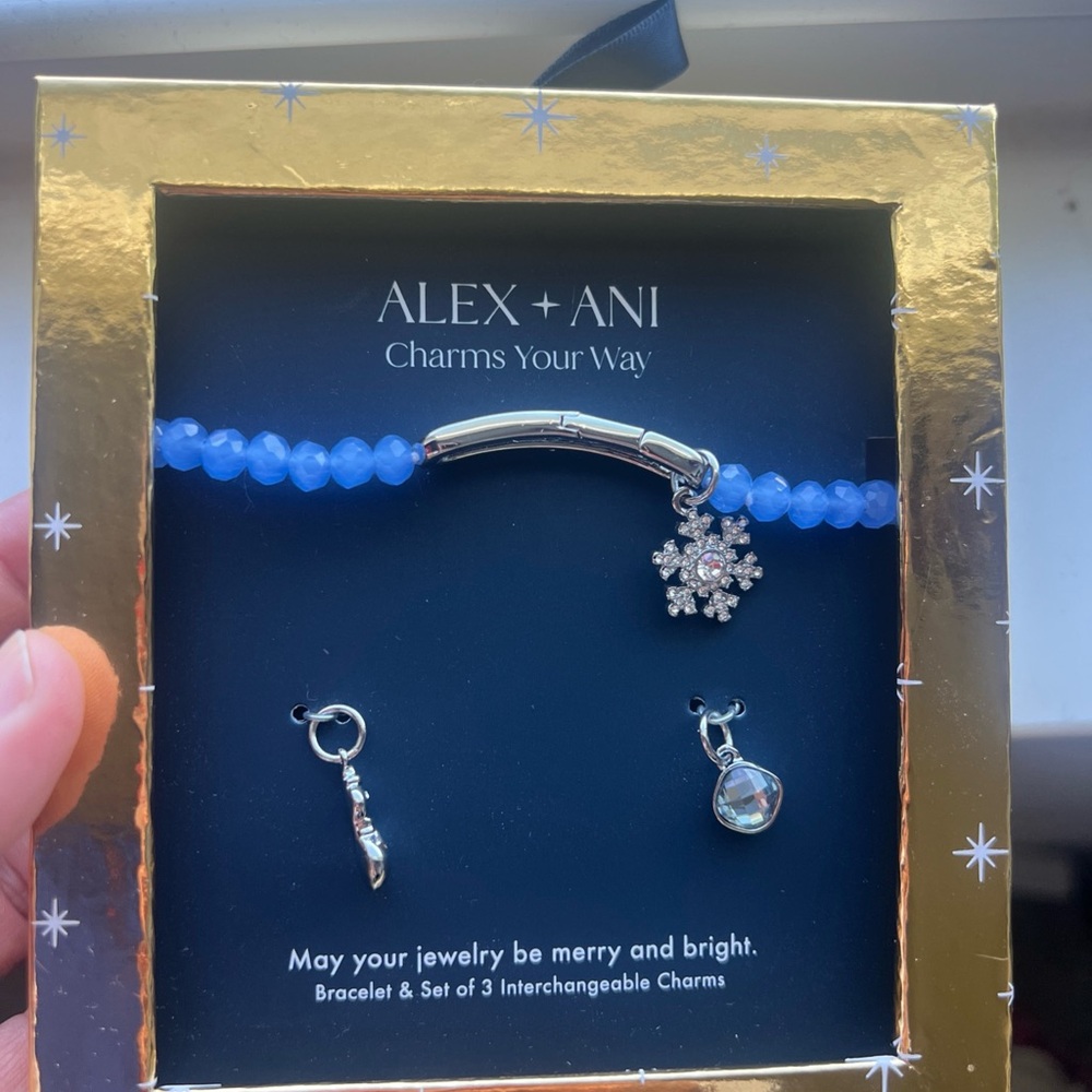 Alex and Ani Blue Beaded Bracelet with Snowflake Charm